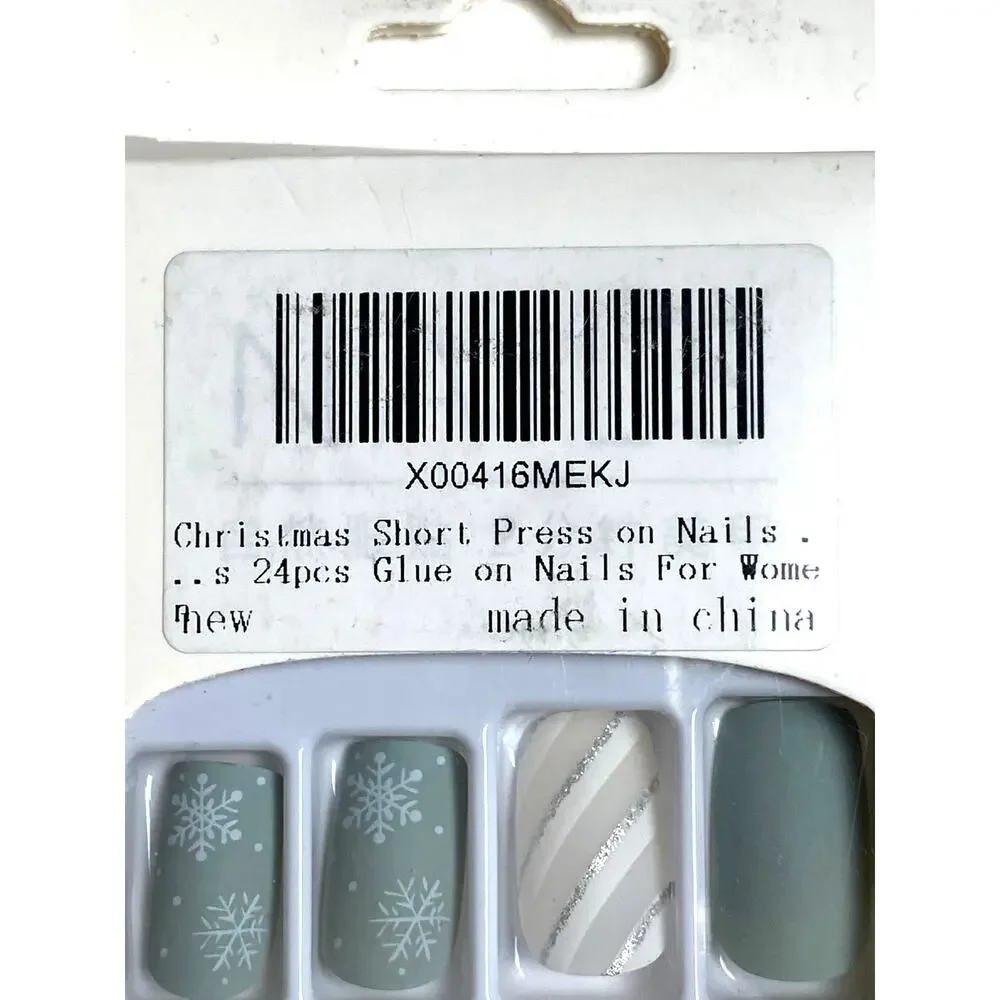 Christmas Green White Snowflakes Tan White Striped 24pc Set Glue on Nails